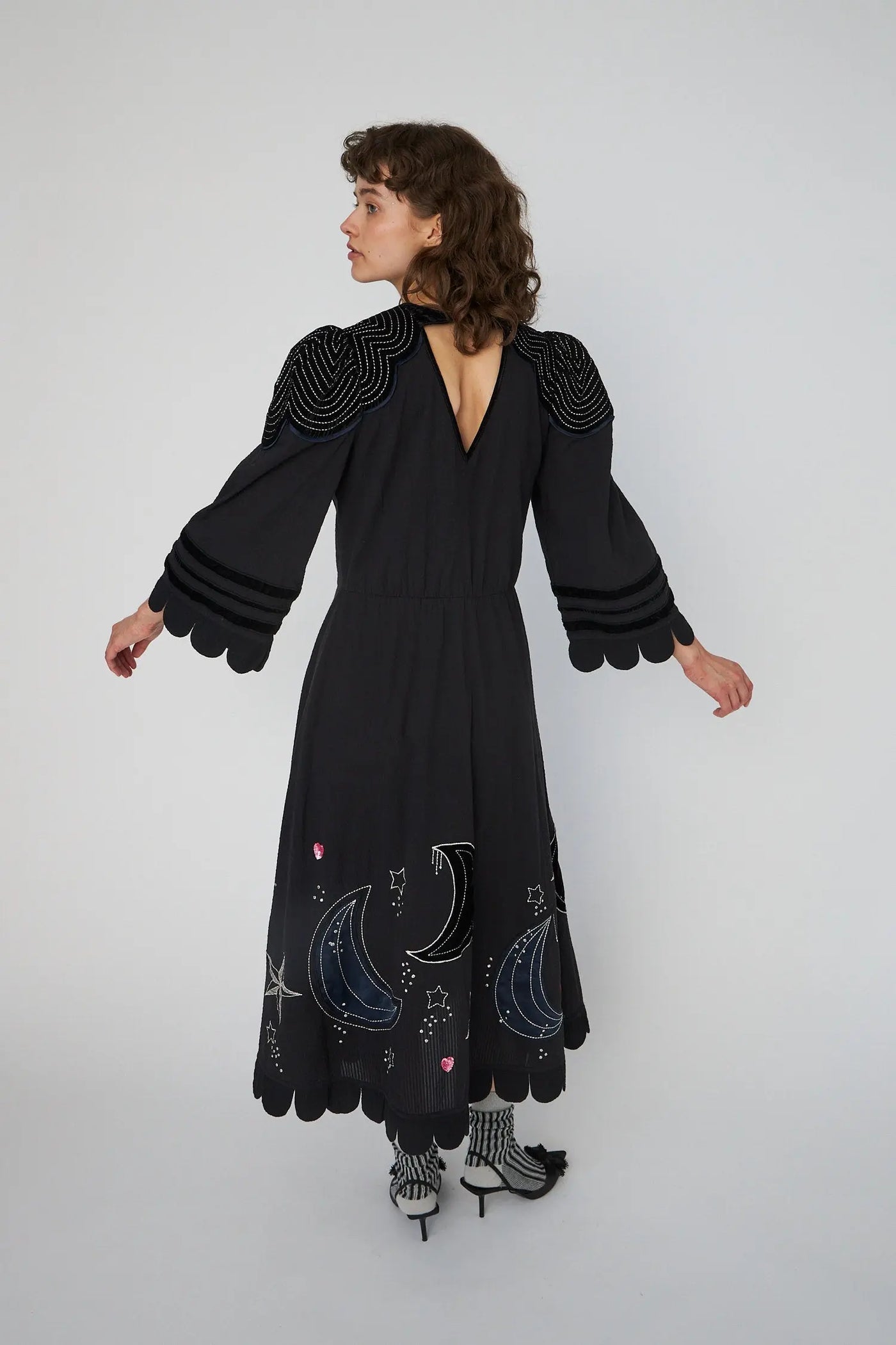 Moon And Stars Embroidered Midi Dress - Black