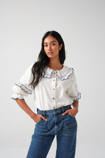 Phoebe Blouse  - Ecru & Electric Blue Embroidery