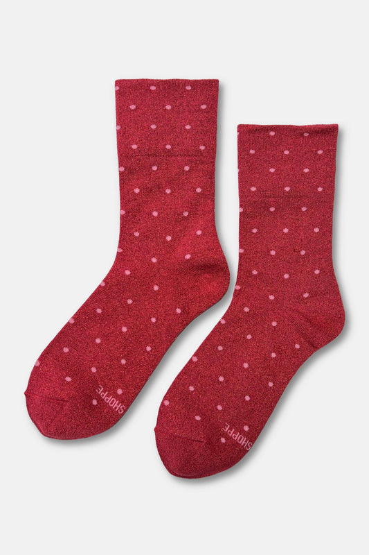 Lurex Patterned Sneaker Socks - Polka Dot - Red/Pink
