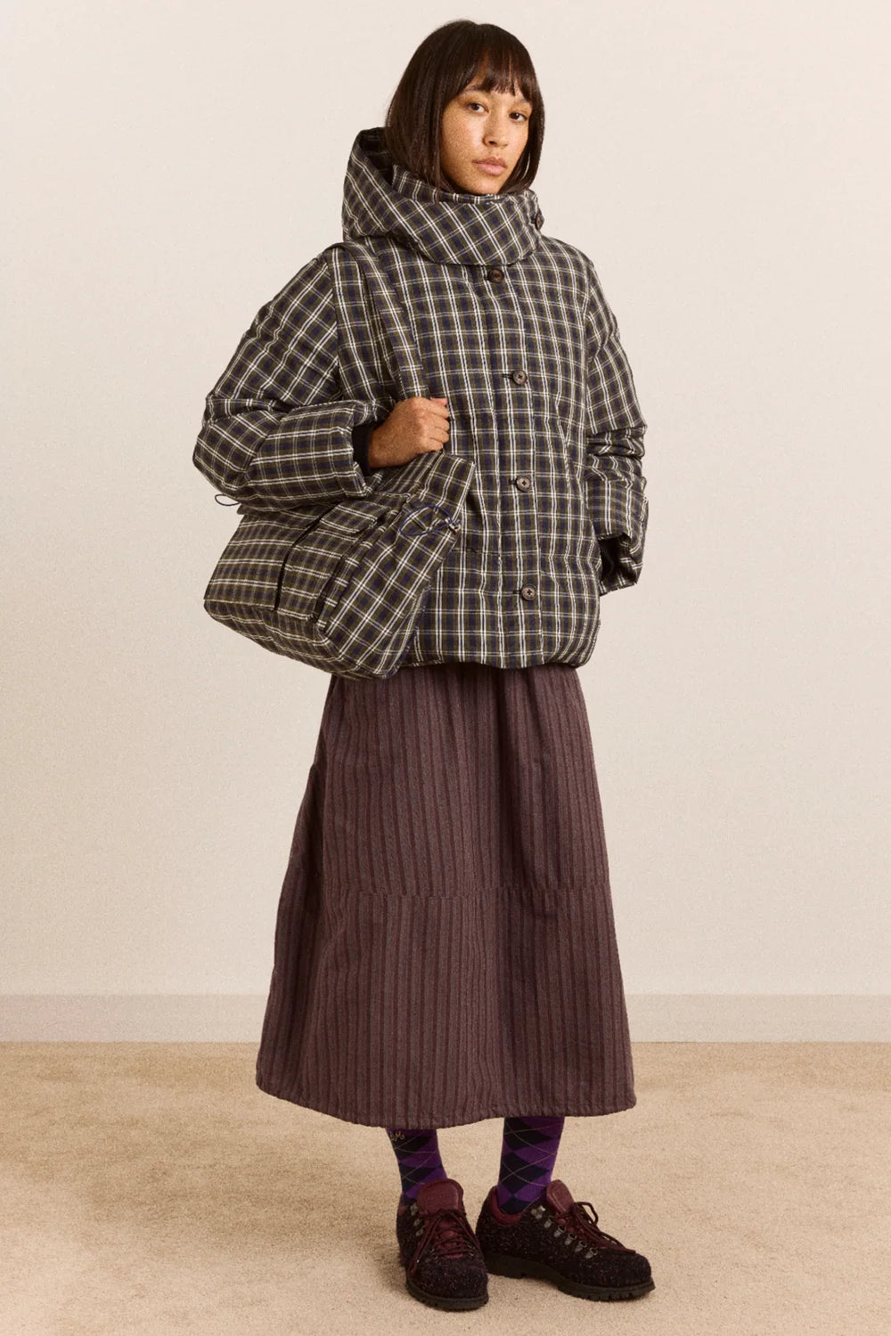 Pearl Hooded Puffer - Lyra Navy & Green Check
