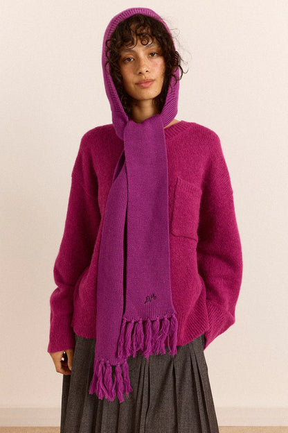 Tassel Hooded Wool Scarf - Magenta