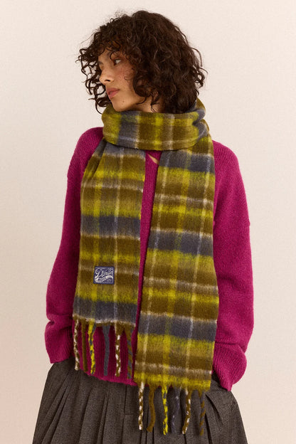 Brushed Fluffy Slim Scarf - Lark Green Check