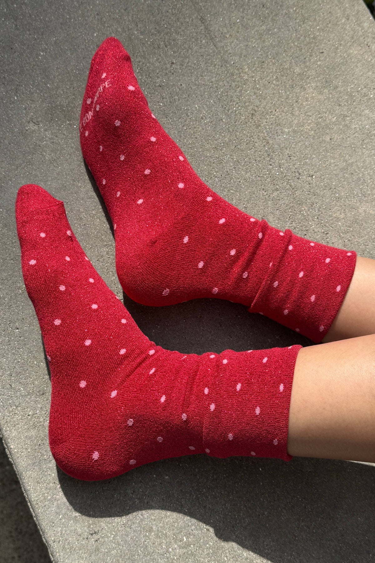 Lurex Patterned Sneaker Socks - Polka Dot - Red/Pink