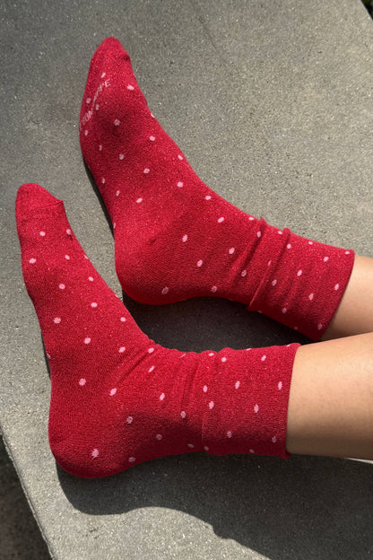 Lurex Patterned Sneaker Socks - Polka Dot - Red/Pink
