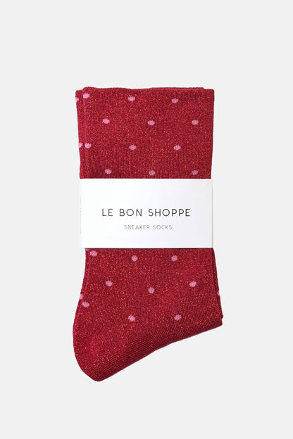 Lurex Patterned Sneaker Socks - Polka Dot - Red/Pink