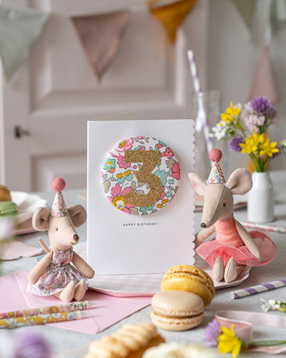 Birthday Badge Age 3 - Liberty Besty Pink fabric