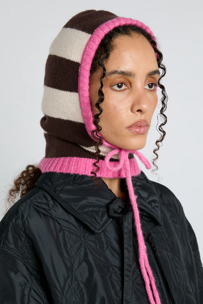 Cream & Chocolate Stripe Hood With Pink Ties