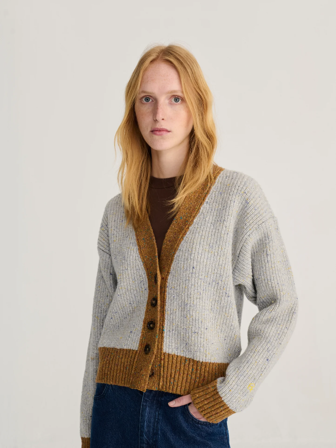 Colour Block V-Neck Wool Blend Cardigan