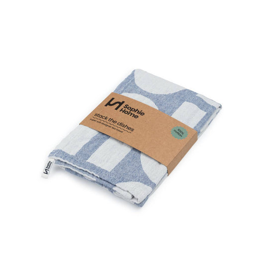 Designer Cotton Tea Towel: Stack the Dishes Cobalt