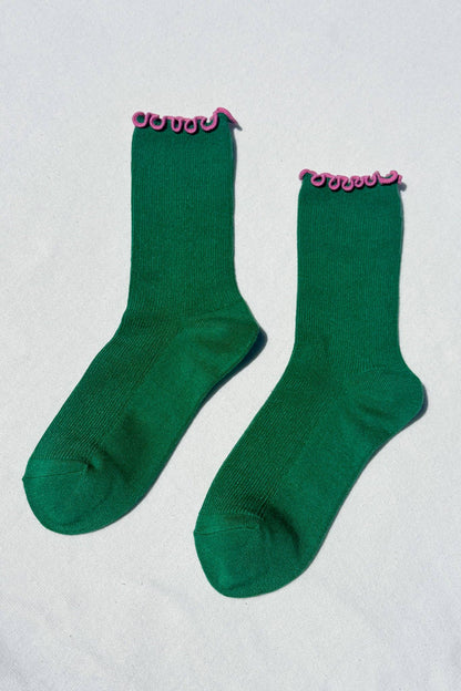 Ruffled Modal Socks - Spinach/Pink Edge