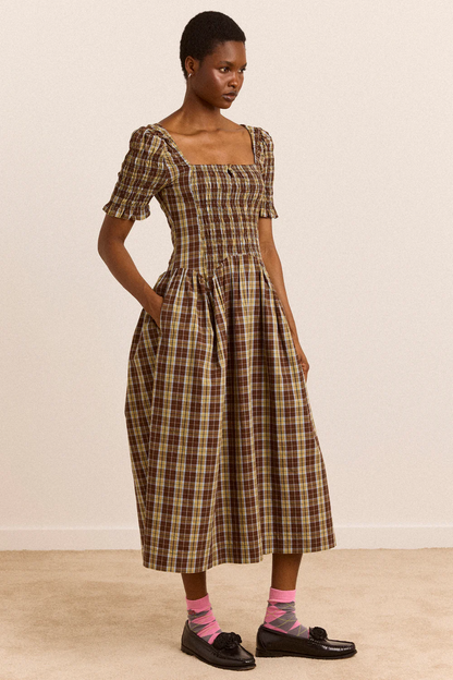 Molly Emmy Shirred Midi Dress - Cocoa Check