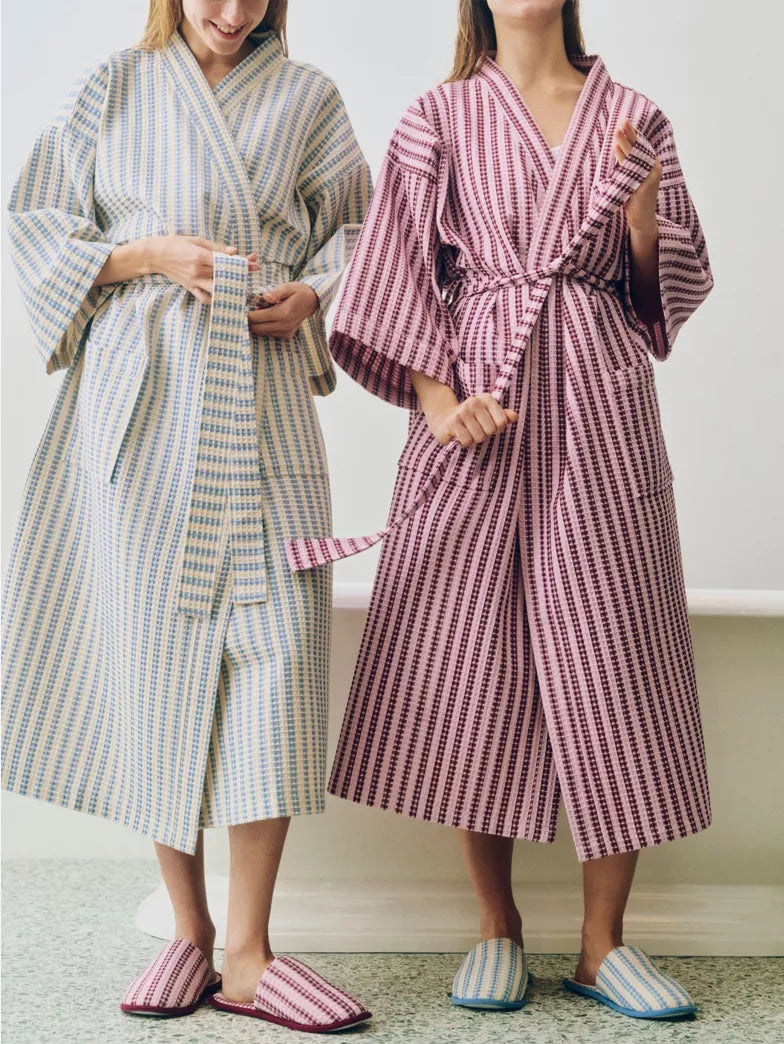 Waffle Bathrobe - Stripe Dusty Blue