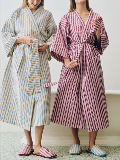 Waffle Bathrobe - Stripe Dusty Blue