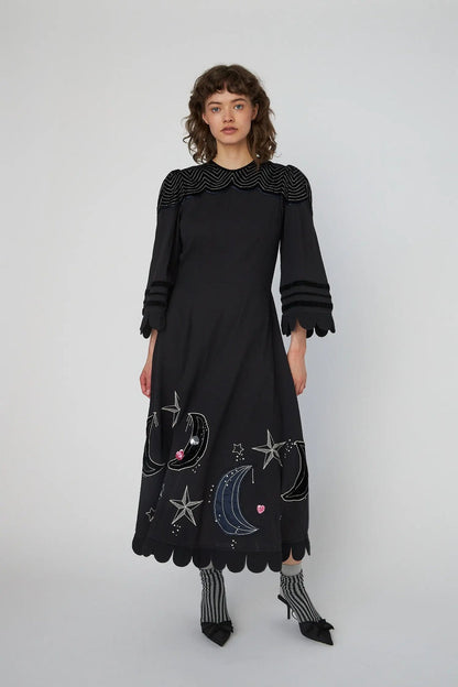 Moon And Stars Embroidered Midi Dress - Black