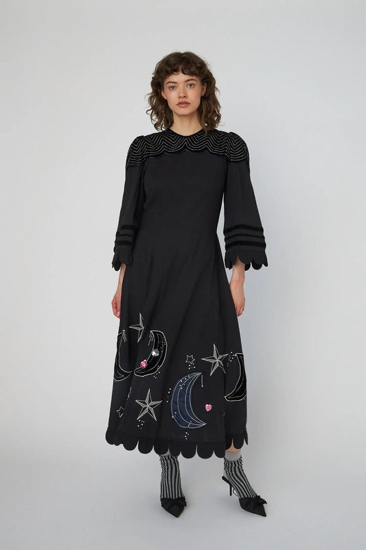 Moon And Stars Embroidered Midi Dress - Black