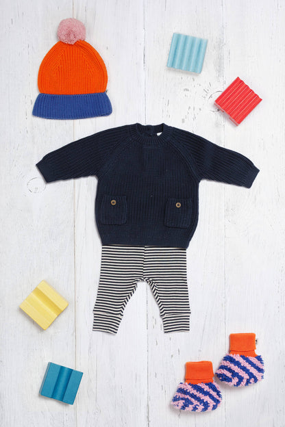 Cotton Knit Baby Slipper Socks: Boucle Striped Cobalt