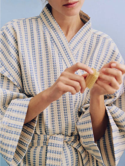 Waffle Bathrobe - Stripe Dusty Blue