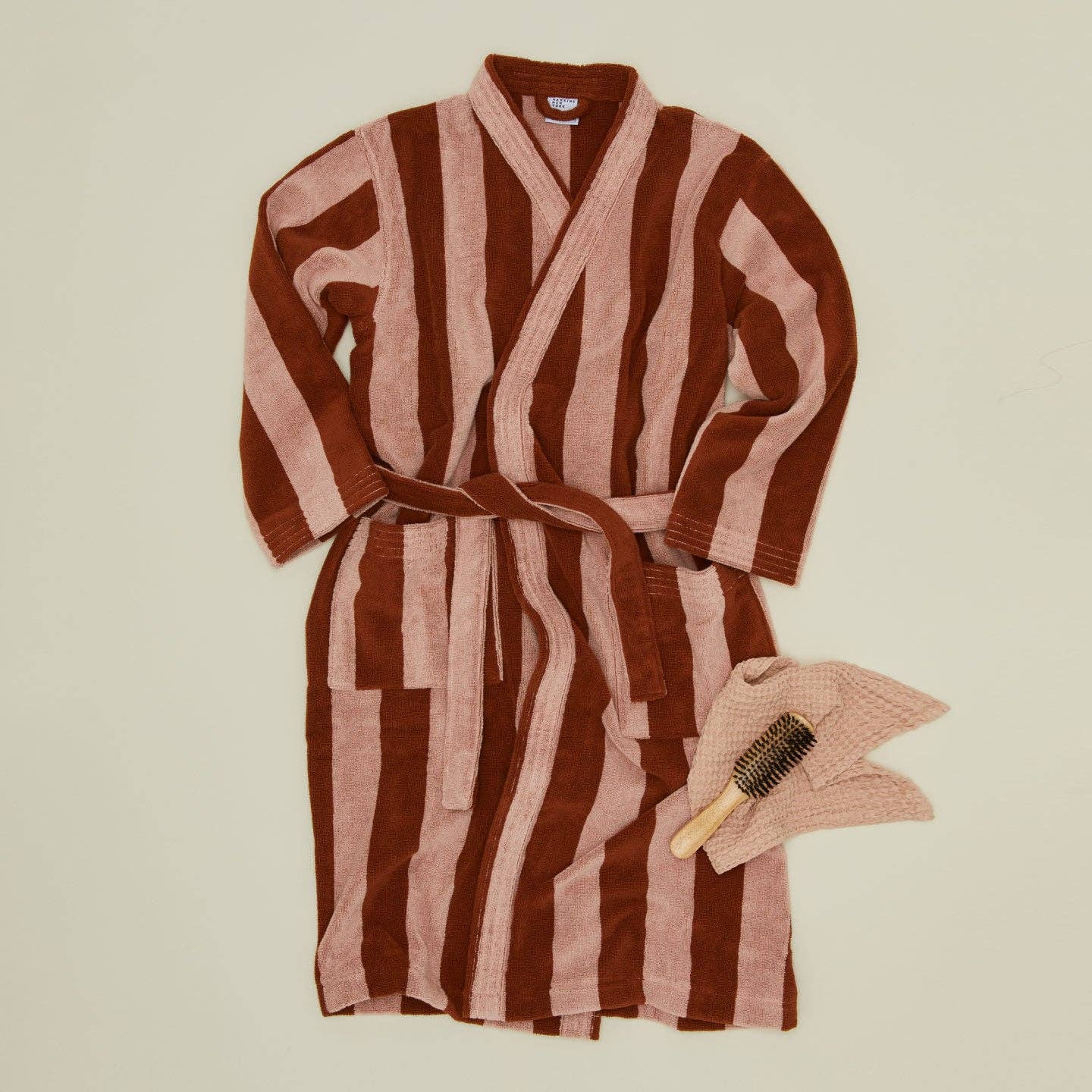 Simple Striped Terry Bathrobe- Blush/Terracotta