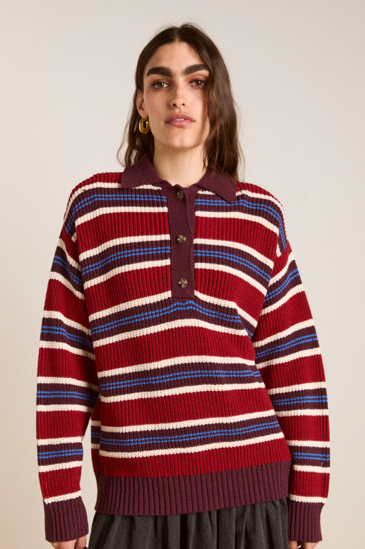 Ilona Rugby Jumper Burgundy Stripe