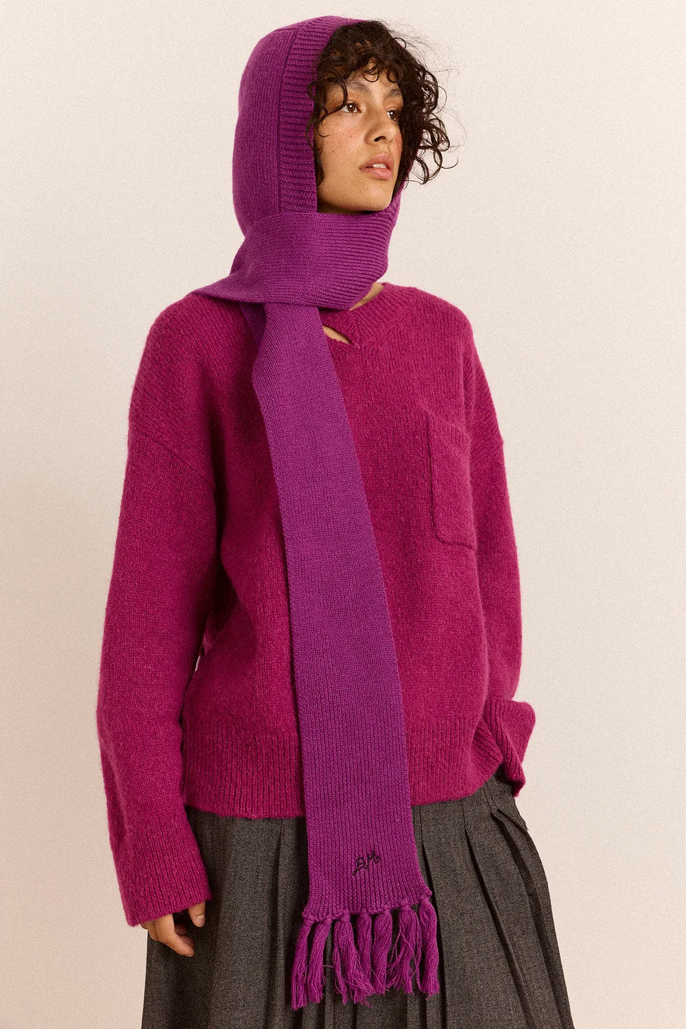 Tassel Hooded Wool Scarf - Magenta