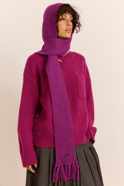 Tassel Hooded Wool Scarf - Magenta