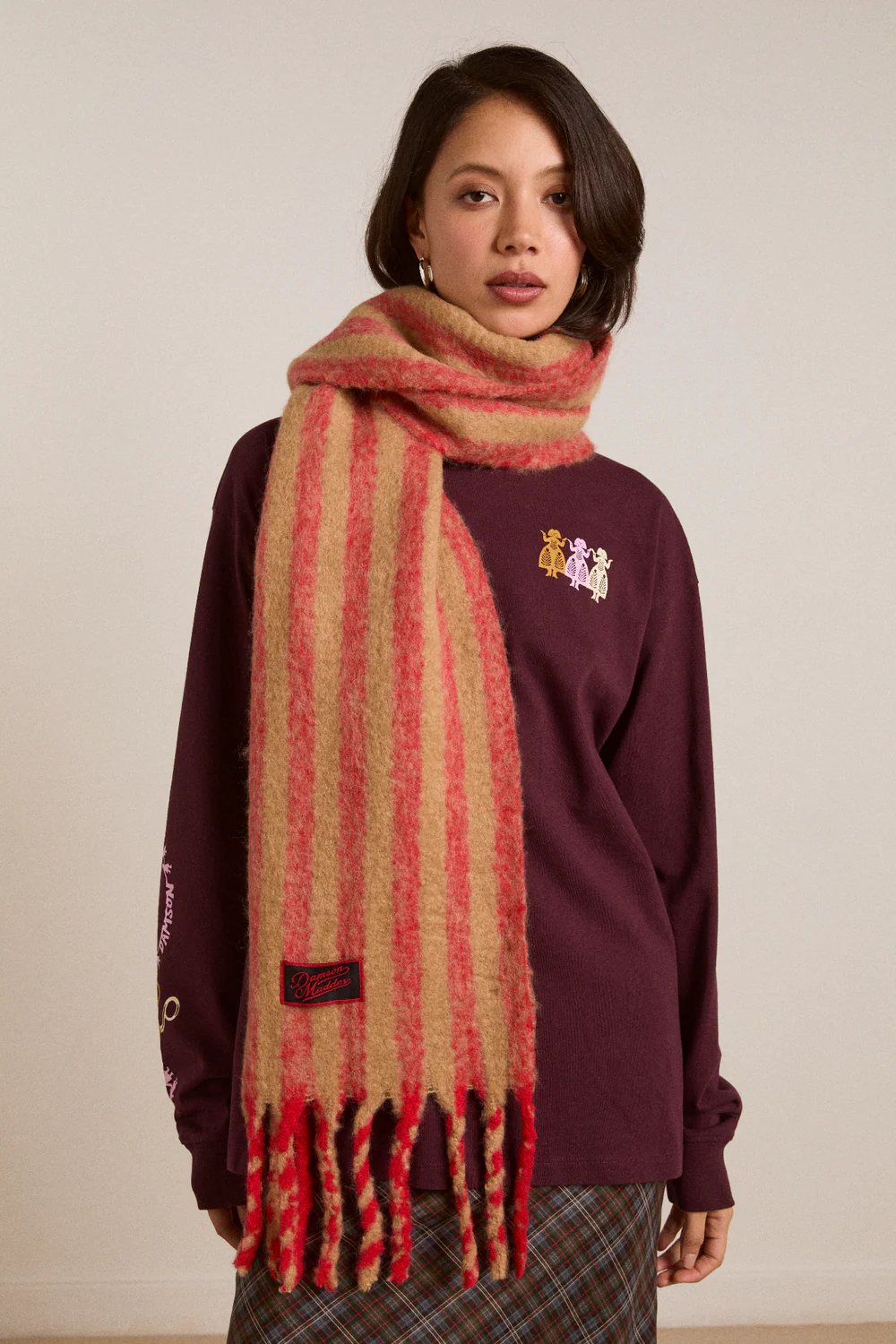 Brushed Oversized Scarf Red/ Tan Stripe