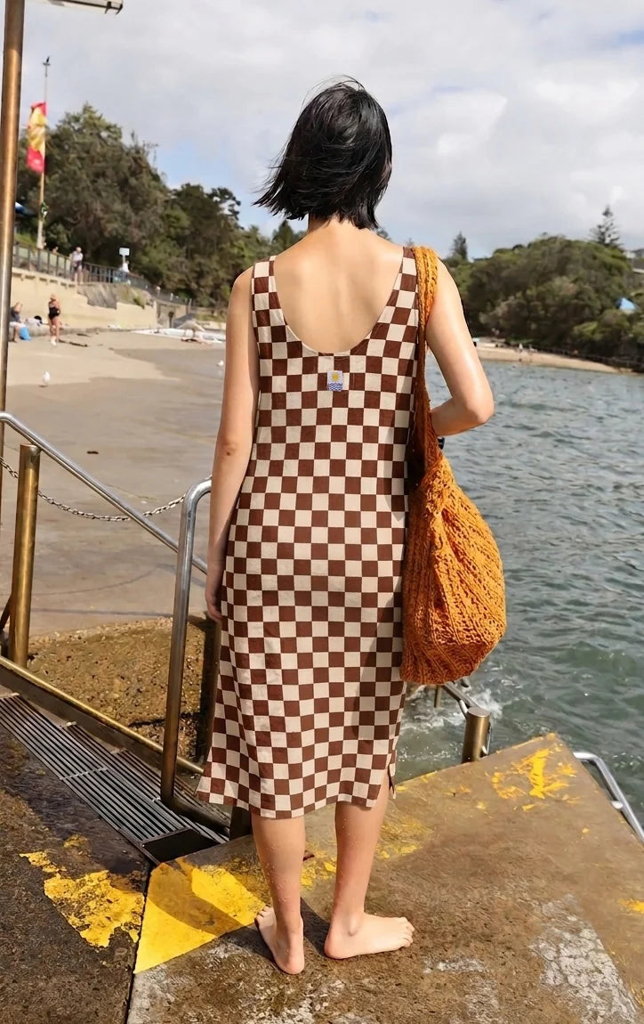Printed Linen Slip Dress - Chestnut