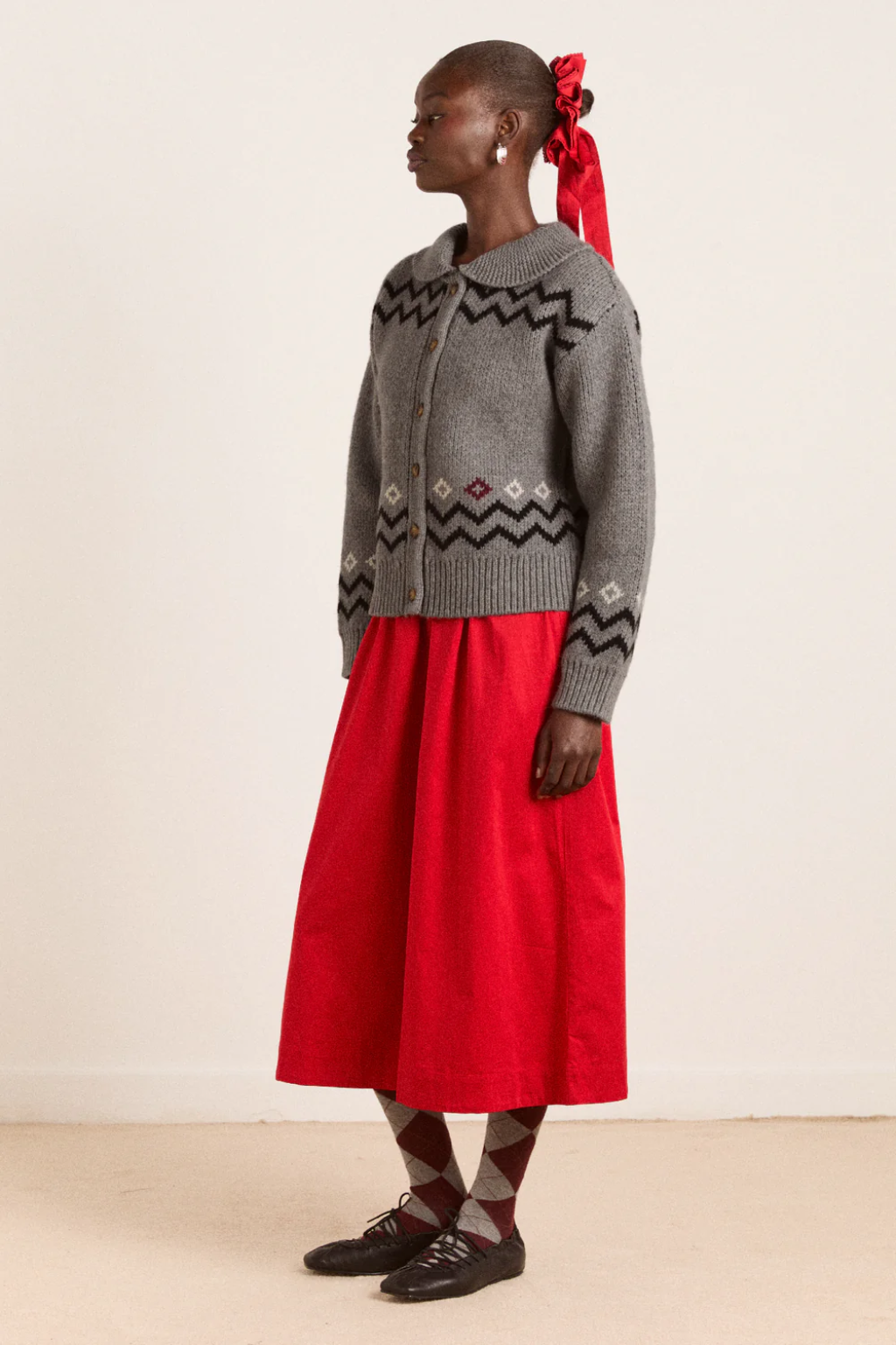 Cecily Collar Lambs Wool Cardigan - Bunny Intarsia