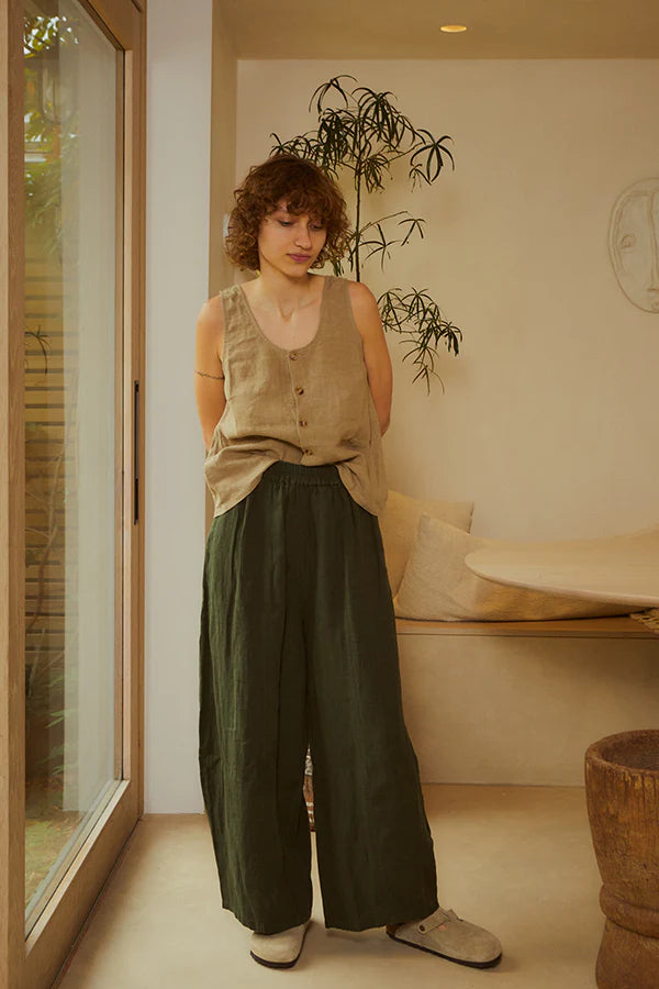 Basic Linen Trousers - Dark Forest