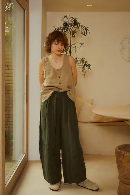 Basic Linen Trousers - Dark Forest