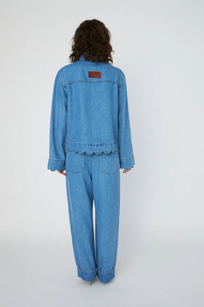 Washed Blue Shirt With Scallop Edge
