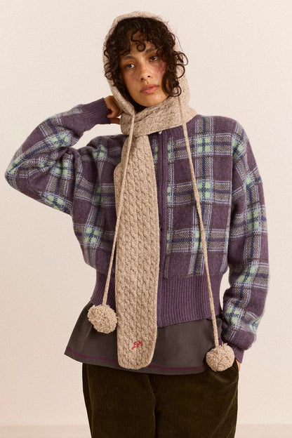 Hooded Pom Pom Scarf - Oatmeal