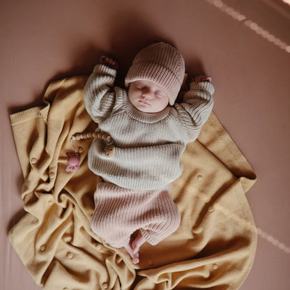 Knitted Baby Blanket - Textured Dots Mustard Melange