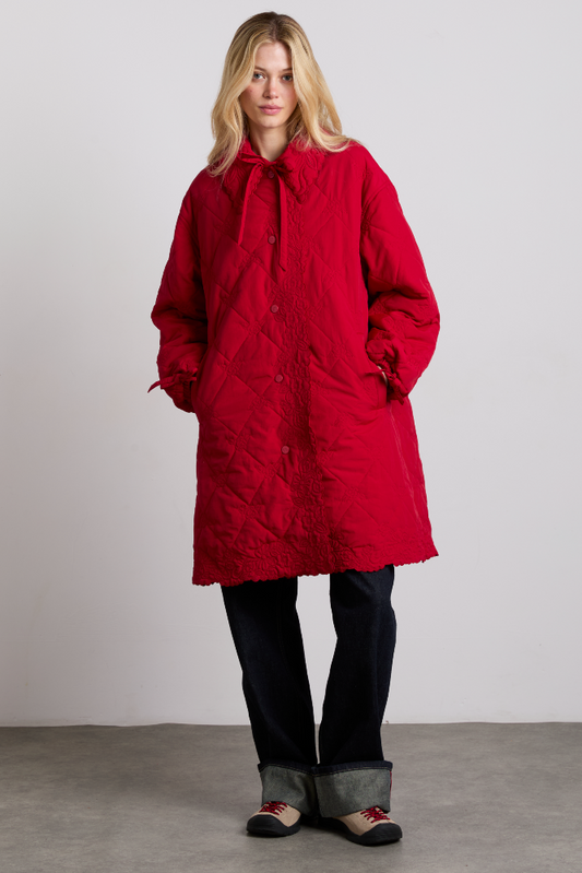 Avery Embroidered Quilted Coat - Red