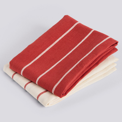 Outdoor Market Tea Towel Set of 2 - Beige With Red Stripe
