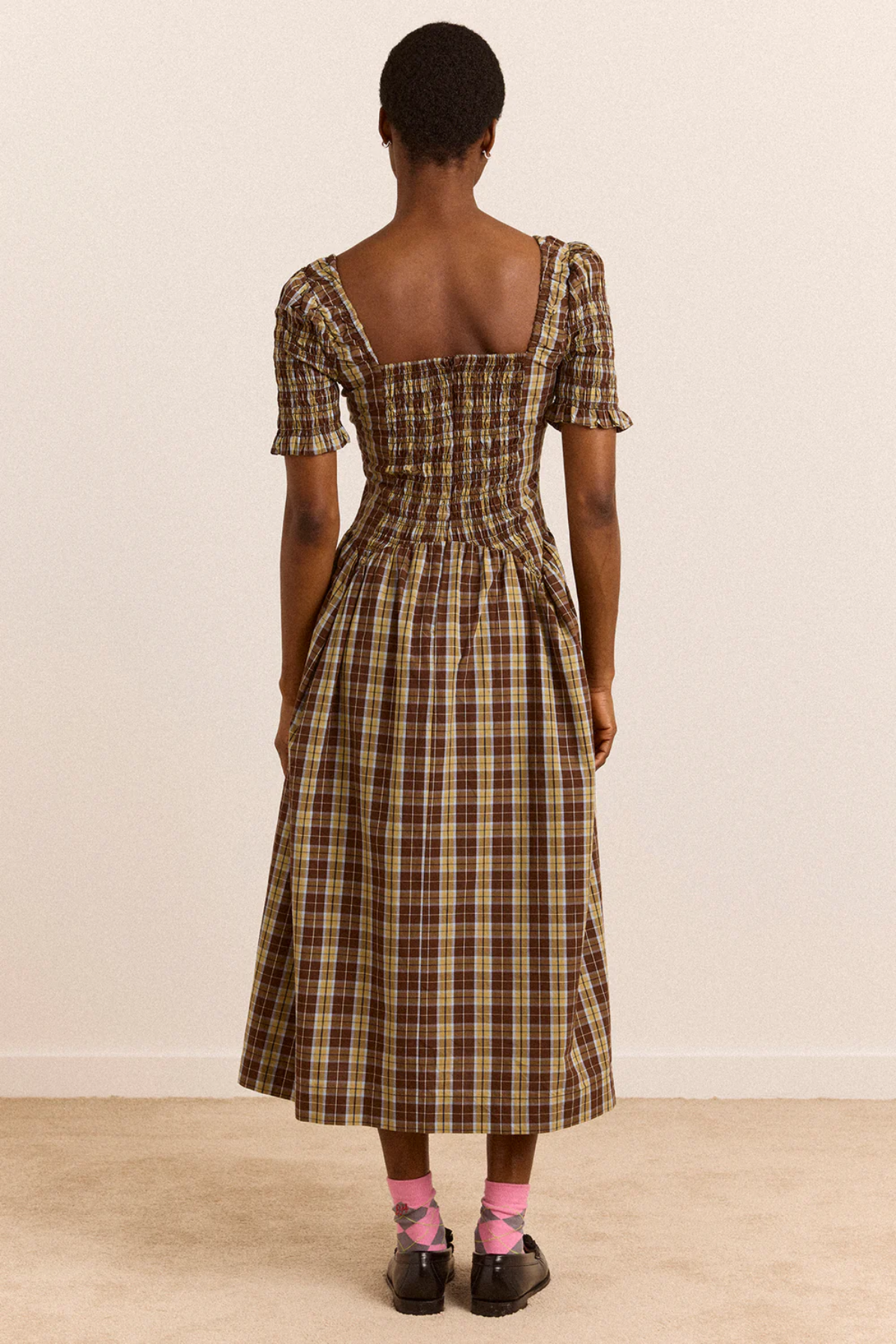 Molly Emmy Shirred Midi Dress - Cocoa Check