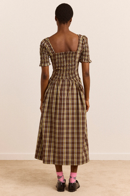 Molly Emmy Shirred Midi Dress - Cocoa Check