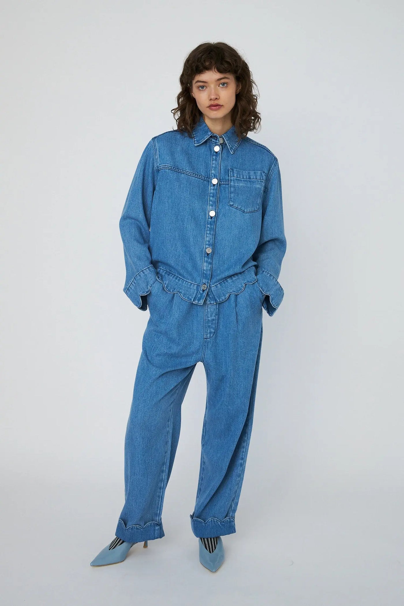 Washed Blue Shirt With Scallop Edge