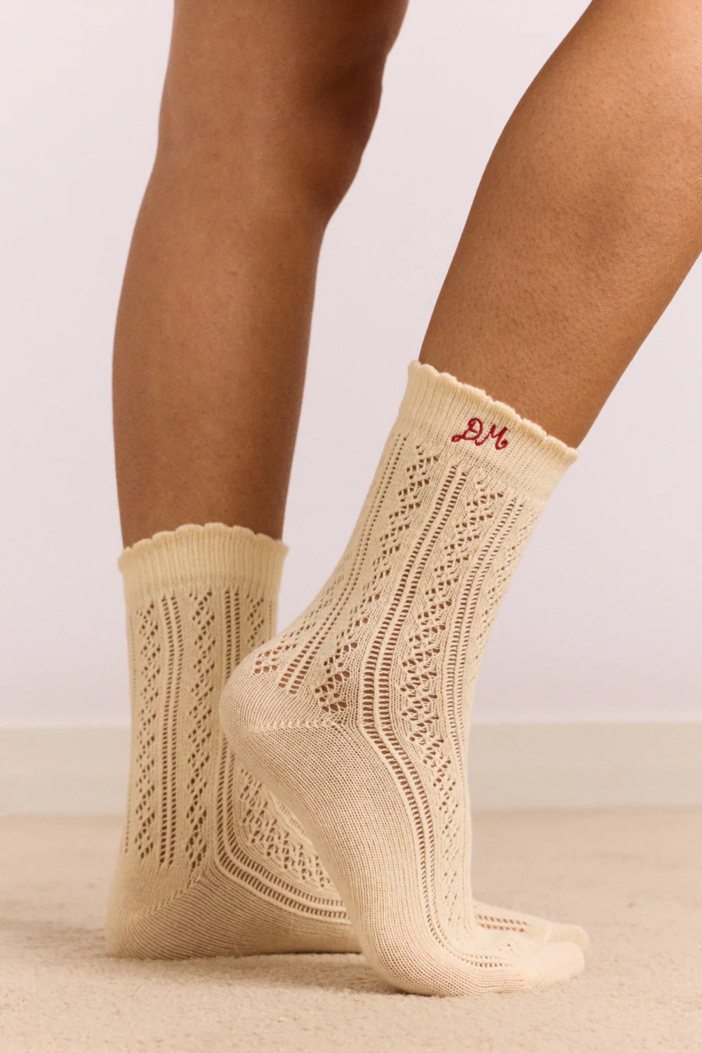 2 Pack Pointelle Socks - Red & Cream
