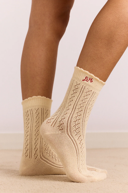 2 Pack Pointelle Socks - Red & Cream