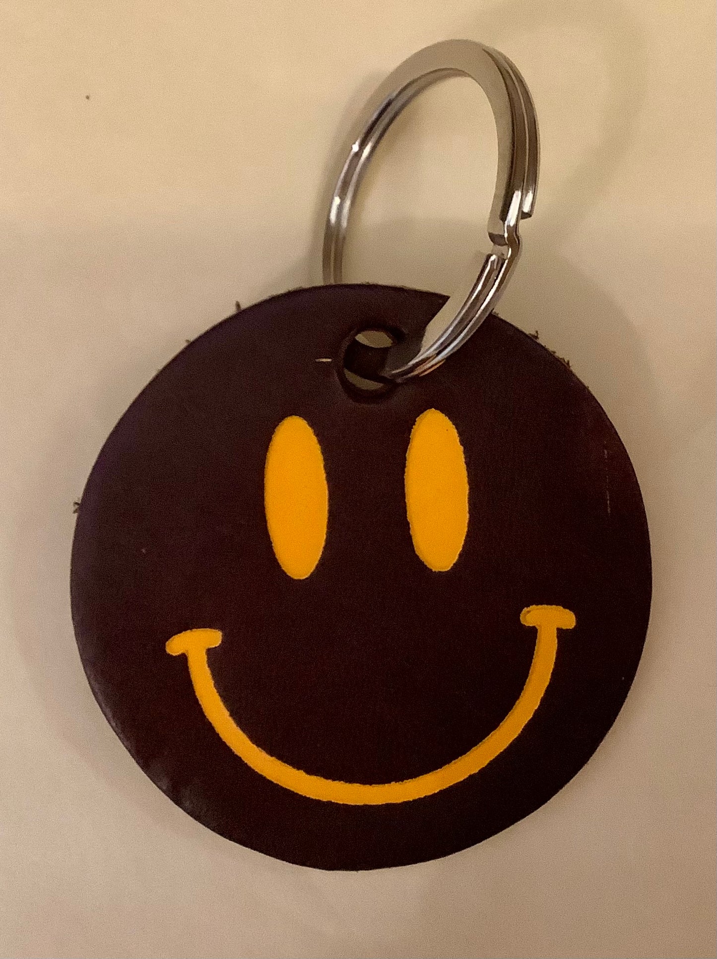 Smiley Leather Key Ring - Brown / Orange