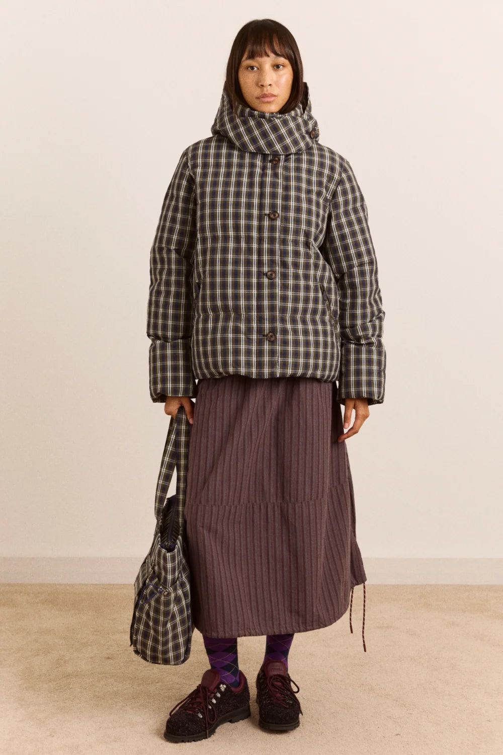 Pearl Hooded Puffer - Lyra Navy & Green Check