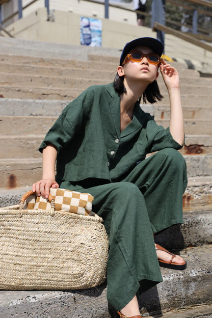Basic Linen Trousers - Dark Forest