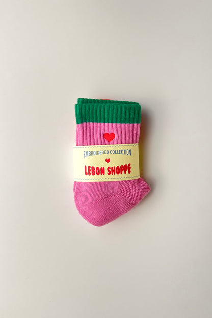Girlfriend Socks - Embroidered Heart Rose Pink