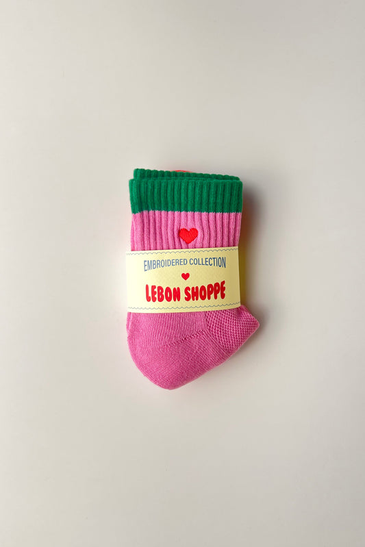Girlfriend Socks - Embroidered Heart Rose Pink