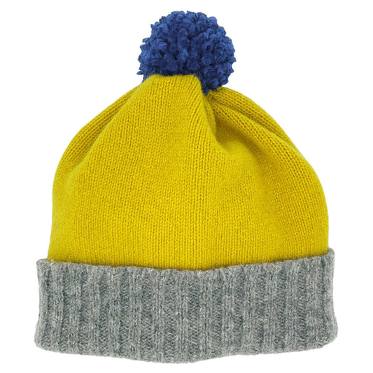 Lambswool Bobble Hat - Yellow/Gray