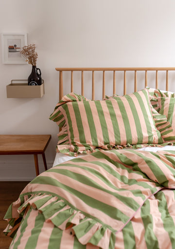 Cotton King Duvet Cover - Green Stripe