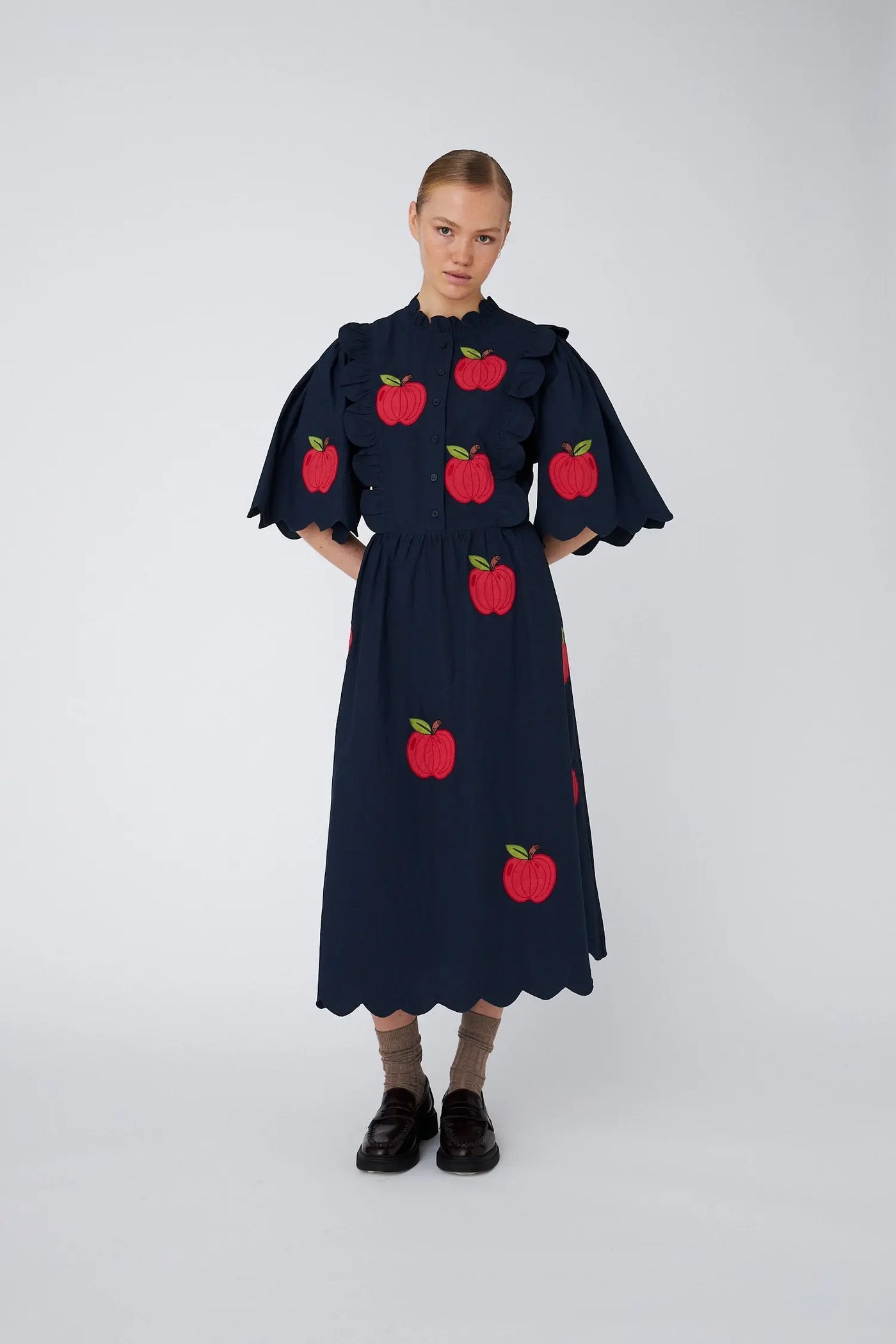 Embroidered Cotton Midi Dress - Apples