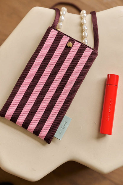 Phone Pouch Knitted Stripes - Chocolate and Bubblegum