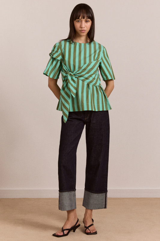Estelle T-Shirt Blouse - Aqua Olive Stripe